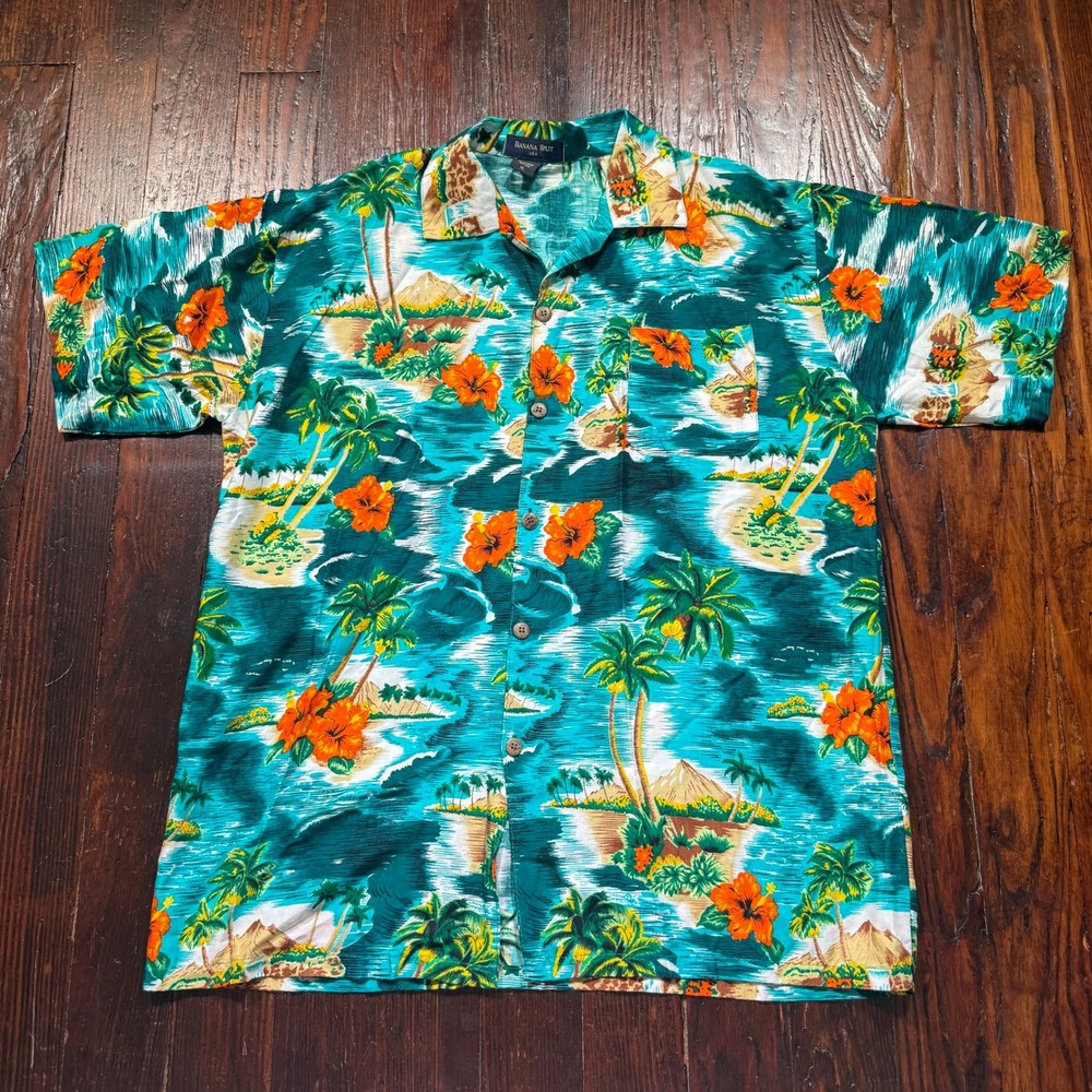 Banana Split Hawaiian Shirt Mens XL Blue 100% Rayon Tropical Island Floral Palm